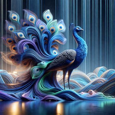 The primary subject of the image is a large, colorful peacock with a long tail. The peacock is standing on a stage, surrounded by a purple and blue background. The visual style of the image is digital art, as it appears to be a computer-generated or digitally rendered image. The colors and mood of the image are vibrant and lively, with the peacock's vivid colors and the stage's purple and blue hues creating a dynamic and engaging scene.